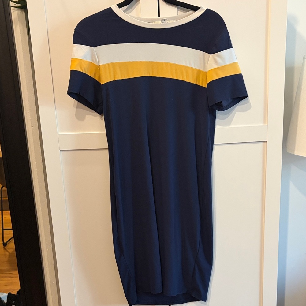 Old Navy Women's Dress in Navy with Yellow and White Stripes